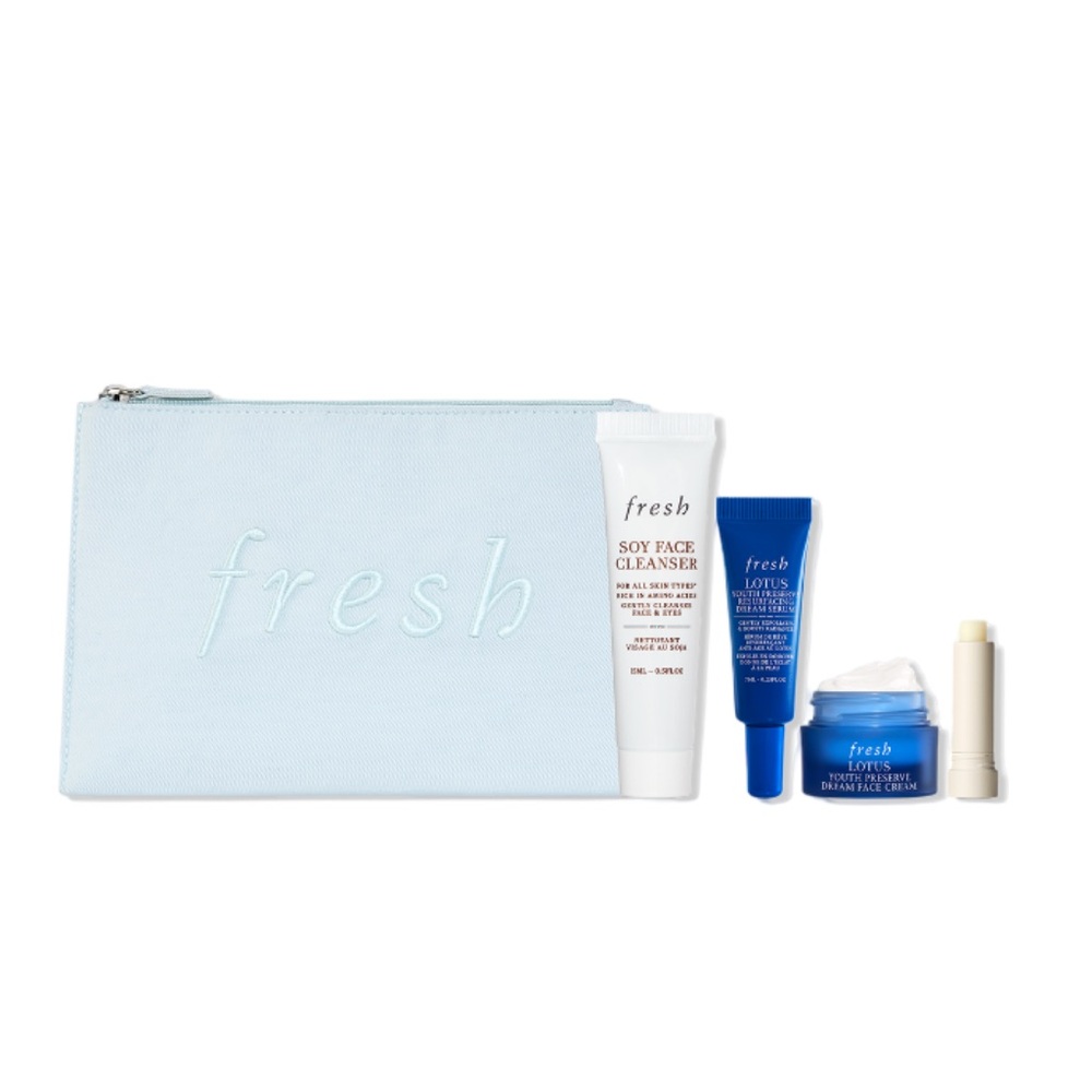 FRESH 5 piece gift set that includes light blue pastel makeup bag